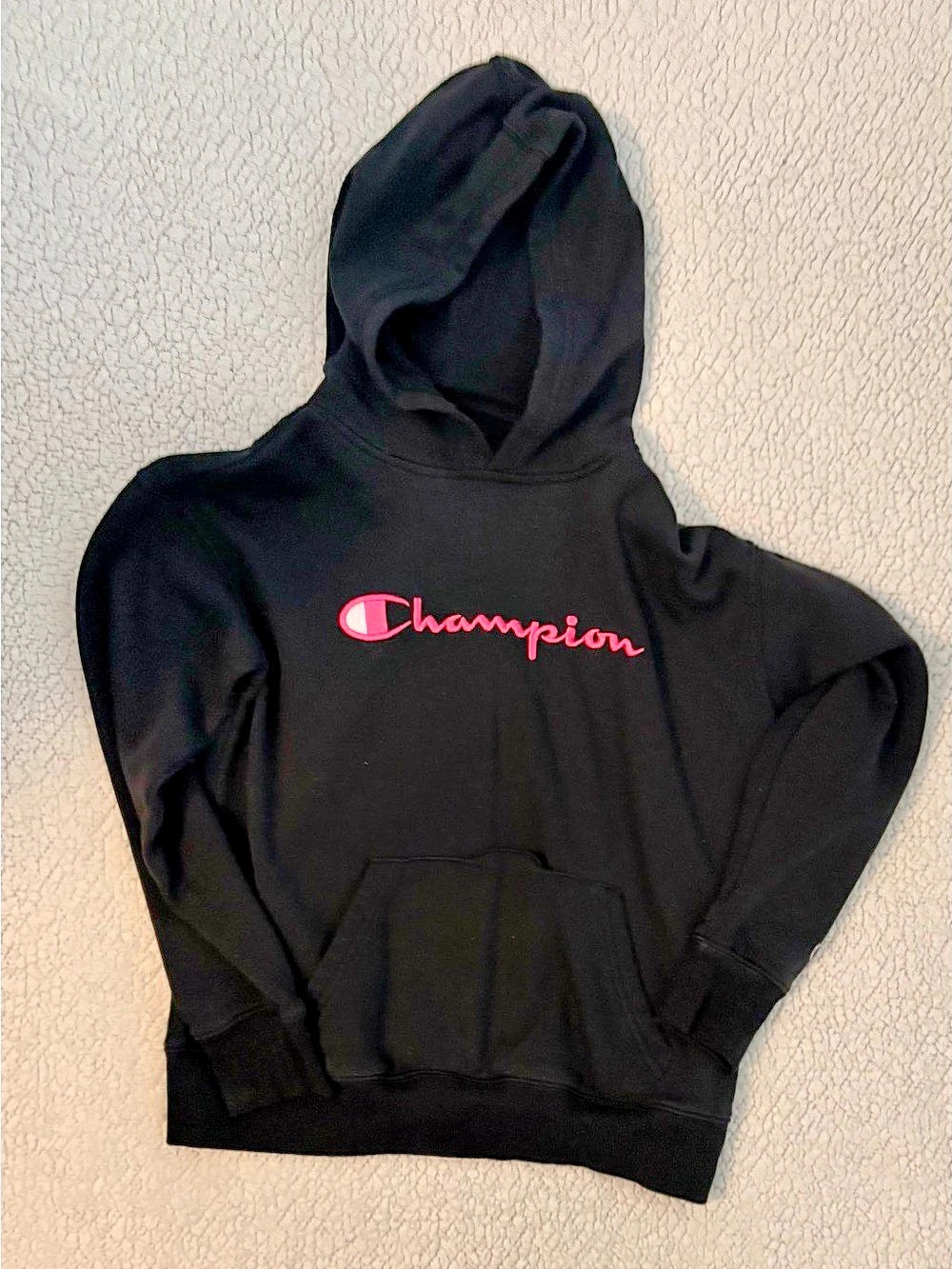 Champion Powerblend Script Logo Hoodie in Black & Pink
